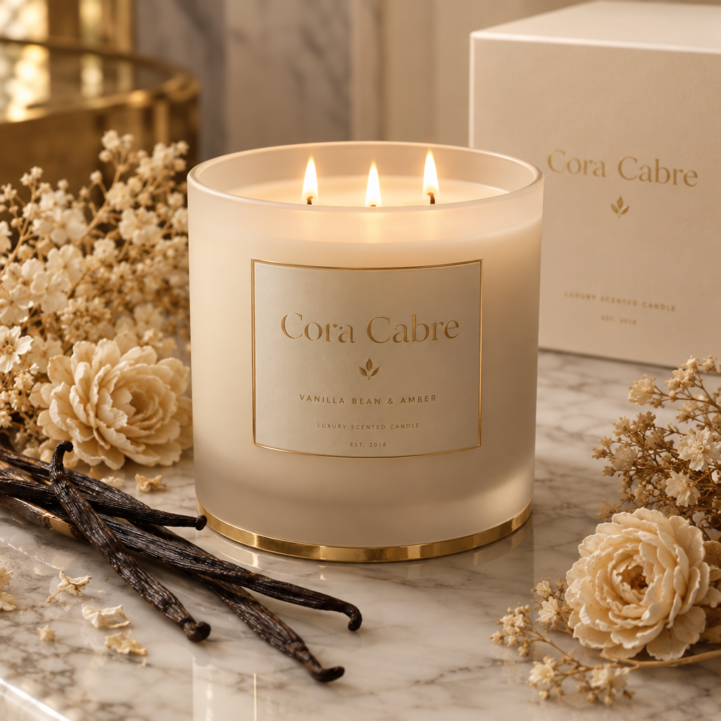 Cora Cabre 3-Wick Candle – Warm Vanilla, branded luxury candle jar with vanilla pods
