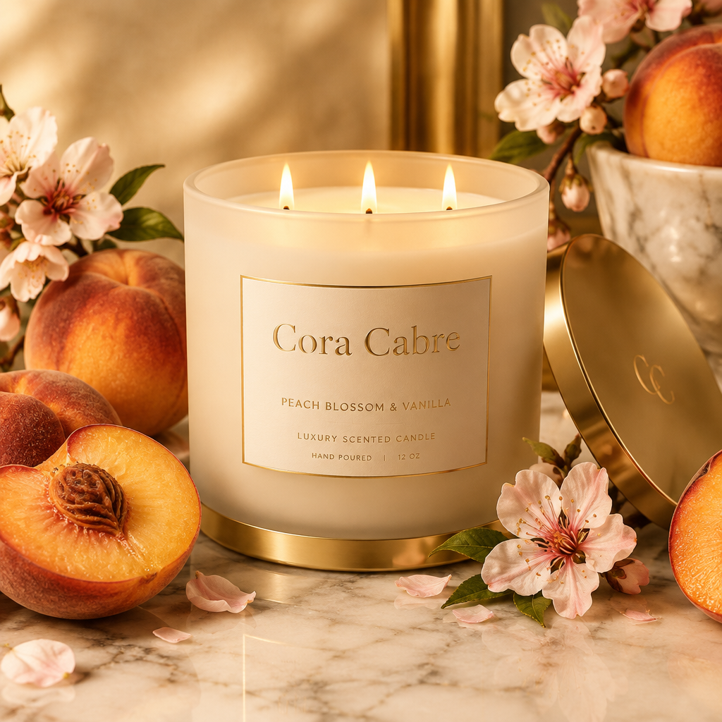 Cora Cabre 3-Wick Candle – Lucious Peach, branded luxury candle jar on marble