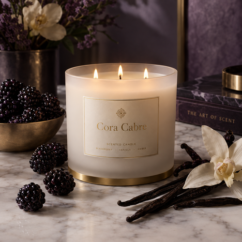 Cora Cabre 3-Wick Candle – Blackberry Vanilla, branded luxury candle jar with blackberries and vanilla pods