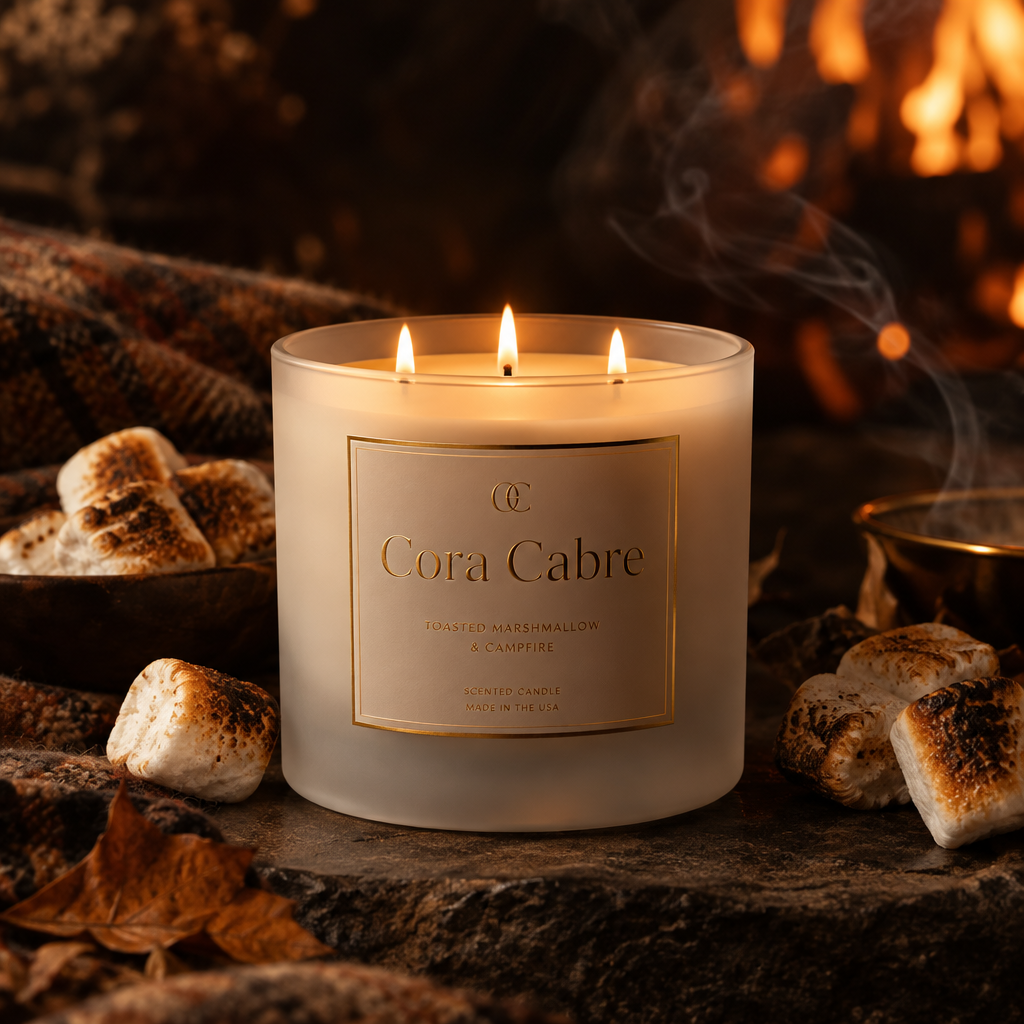 Cora Cabre 3-Wick Candle – Marshmallow & Campfires, branded luxury candle jar with marshmallows and campfire atmosphere