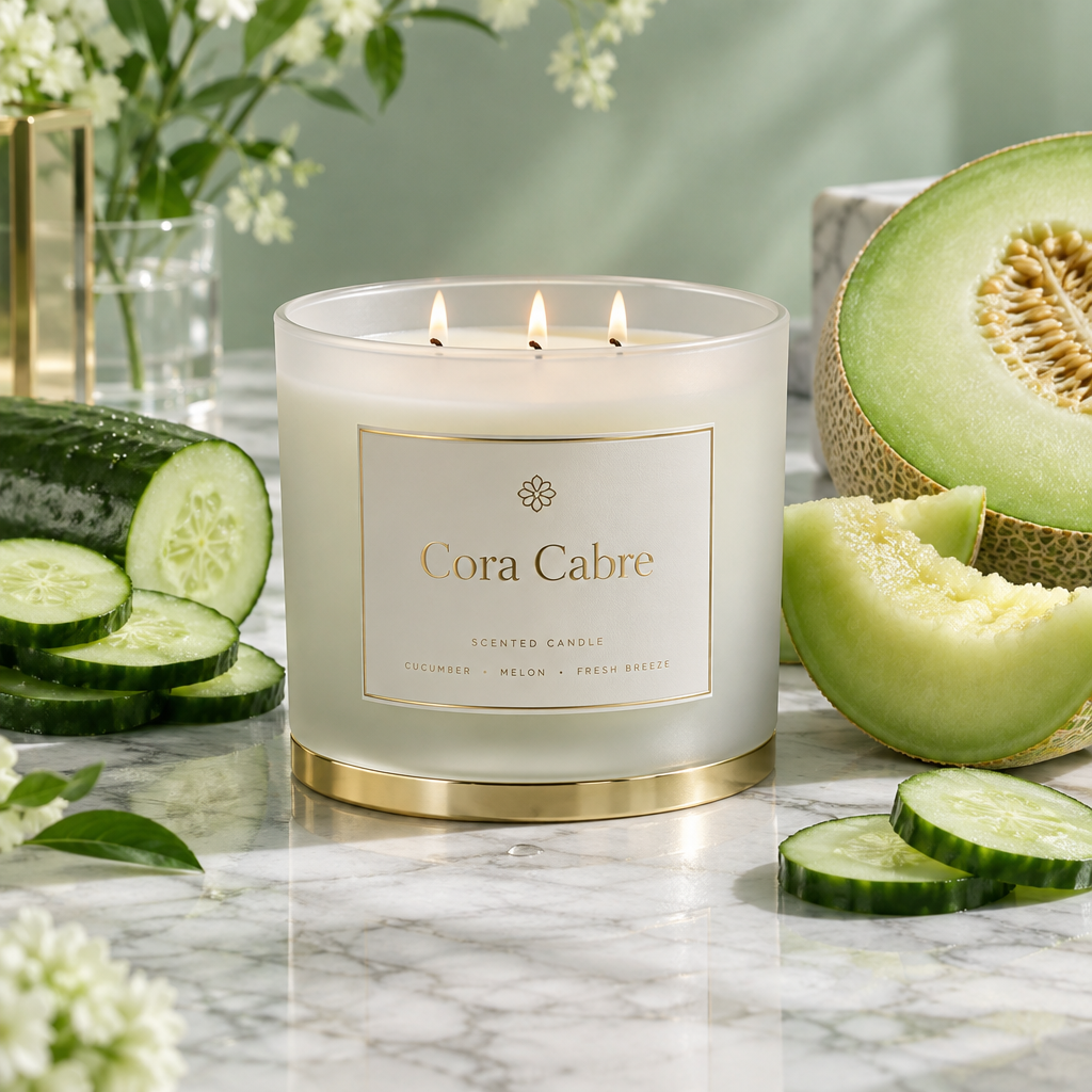 Cora Cabre 3-Wick Candle – Cucumber Melon, branded luxury candle jar with cucumber and melon
