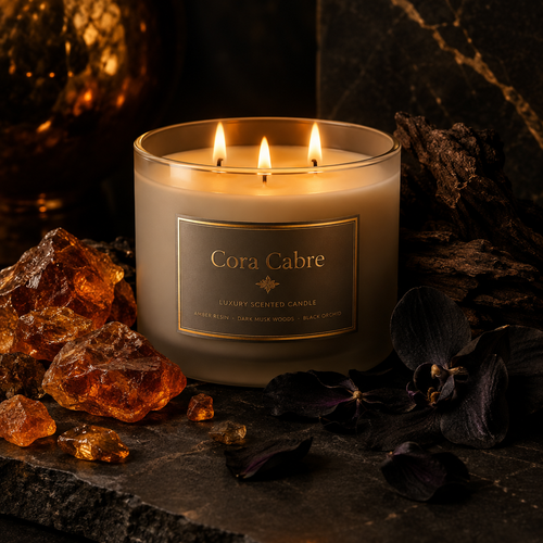 Cora Cabre 3-Wick Candle – Amber Noir, branded luxury candle jar with amber and dark musk styling