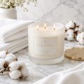 Cora Cabre 3-Wick Candle – Fresh Linen, branded luxury candle jar with crisp white linen