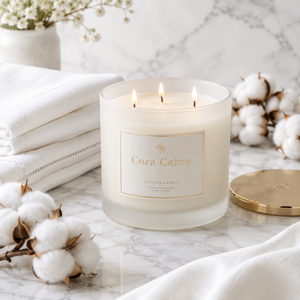 Cora Cabre 3-Wick Candle – Fresh Linen, branded luxury candle jar with crisp white linen