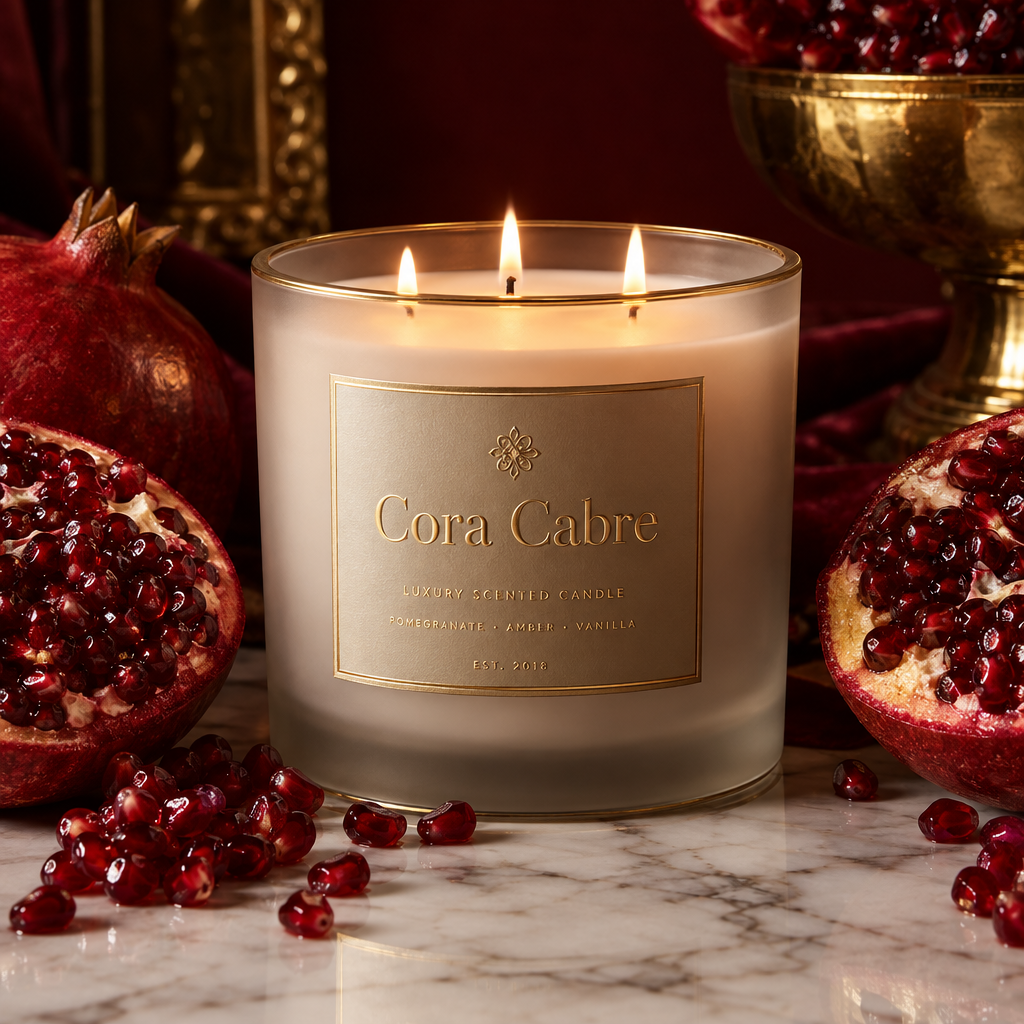 Cora Cabre 3-Wick Candle – Pomegranate, branded luxury candle jar with fresh pomegranate