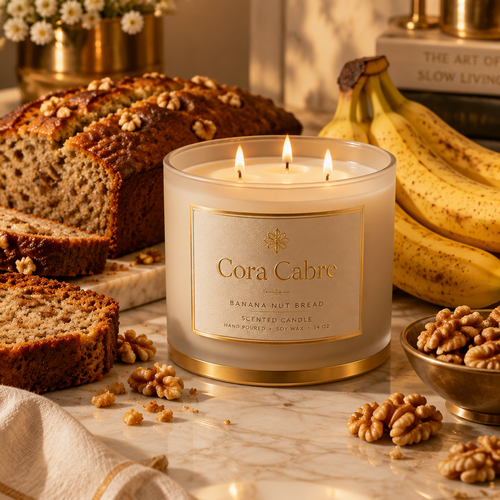 Cora Cabre 3-Wick Candle – Banana Nut Bread, branded luxury candle jar with banana and walnuts